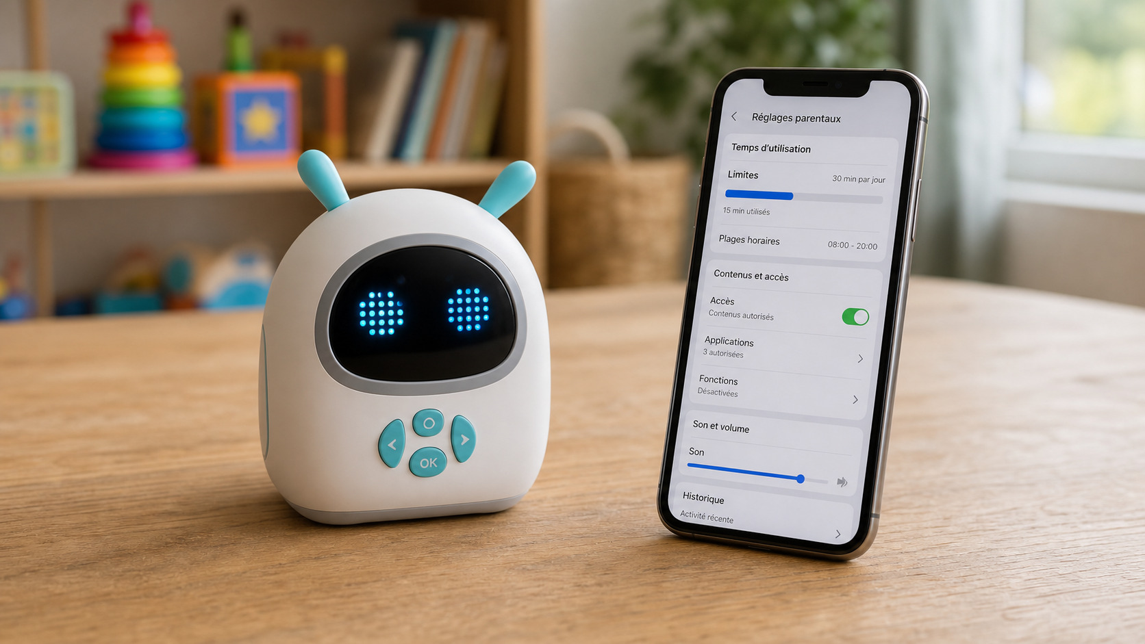 Jouet connecté posé près d'un téléphone affichant des réglages parentaux