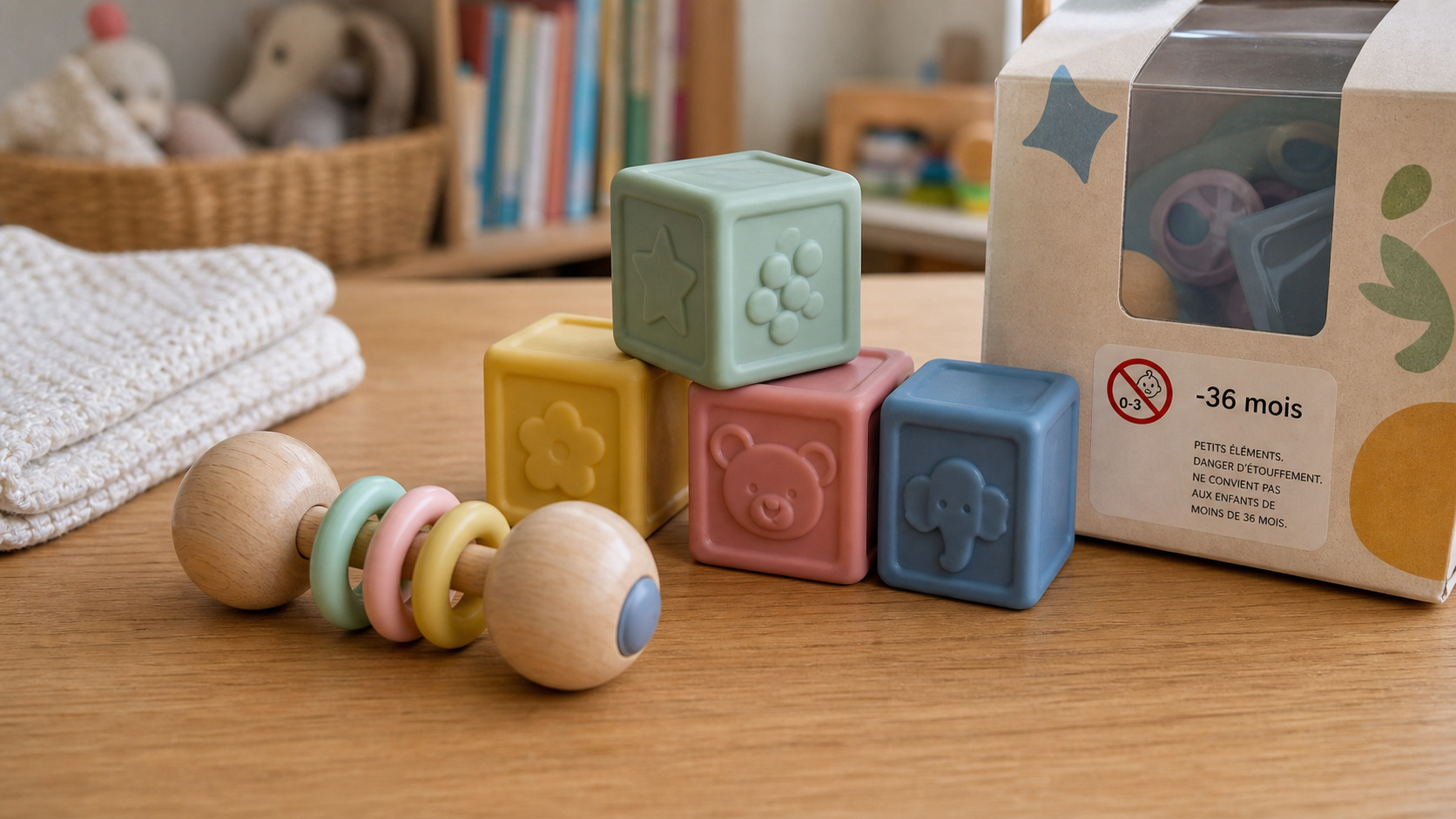 Hochet, cubes lavables et emballage avec avertissement moins de 36 mois
